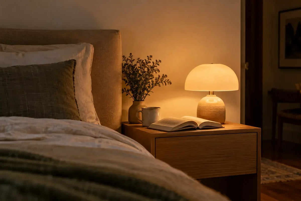 criado-mudo de madeira ao lado da cama à noite, abajur de base de cerâmica com cúpula arredondada aceso com luz quente ao lado de um livro aberto