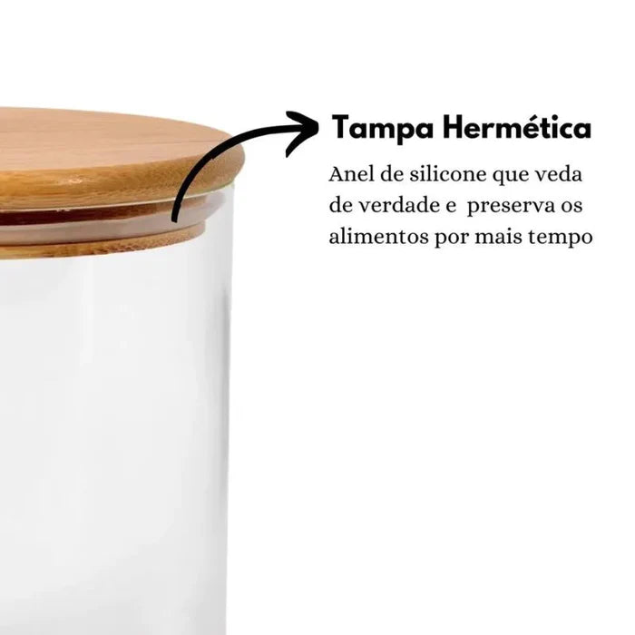Kit com 6 Potes Herméticos de Vidro e Bambu — frescor duradouro com vedação total