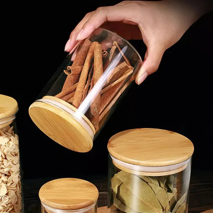 Kit com 6 Potes Herméticos de Vidro e Bambu — frescor duradouro com vedação total