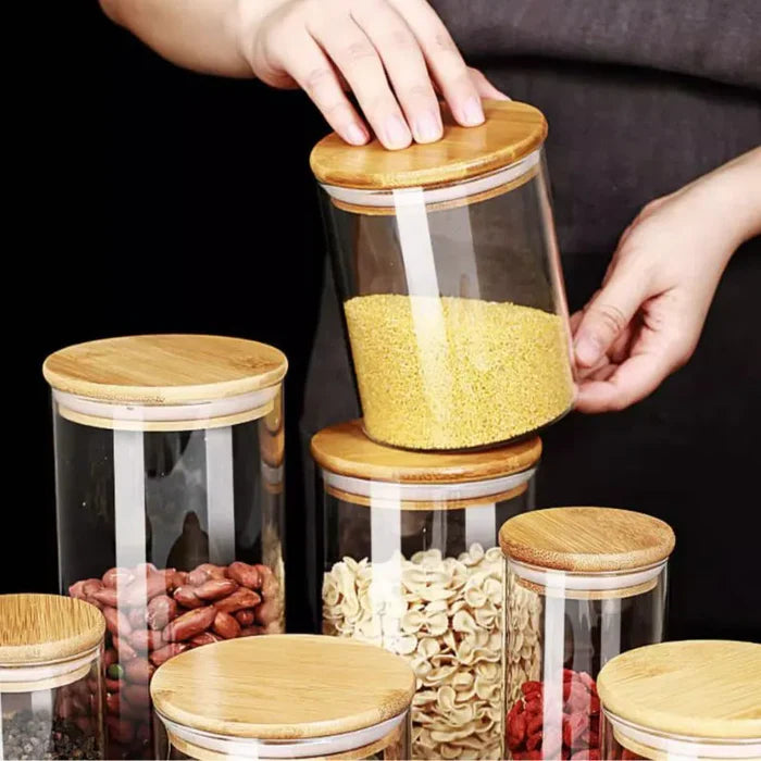Kit com 6 Potes Herméticos de Vidro e Bambu — frescor duradouro com vedação total