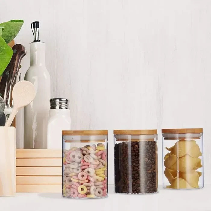 Kit com 6 Potes Herméticos de Vidro e Bambu — frescor duradouro com vedação total