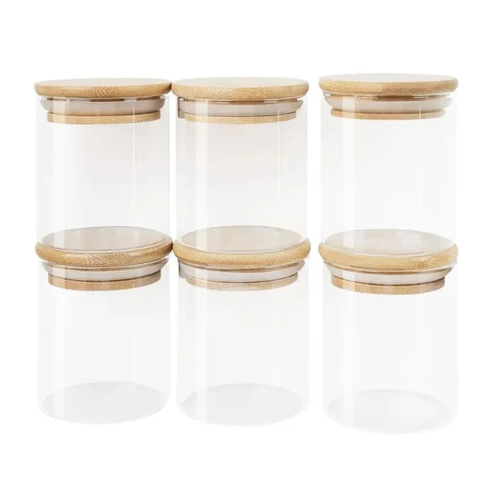 Kit com 6 Potes Herméticos de Vidro e Bambu — frescor duradouro com vedação total