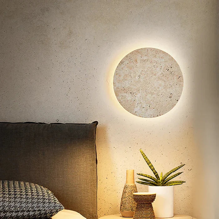 Arandela de Parede Redonda em Travertino Natural com Iluminação Backlight Elegância para Sala e Quarto