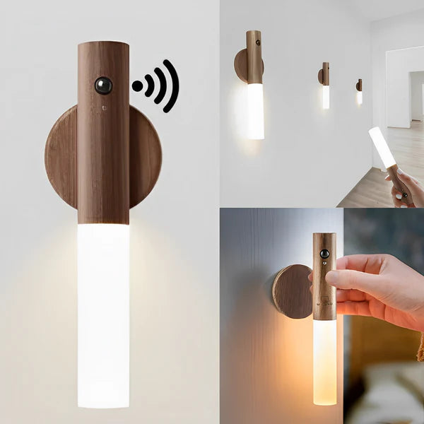 Luminária de Parede com Sensor e Base Magnética – Madeira e LED Inteligente