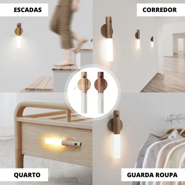 Luminária de Parede com Sensor e Base Magnética – Madeira e LED Inteligente