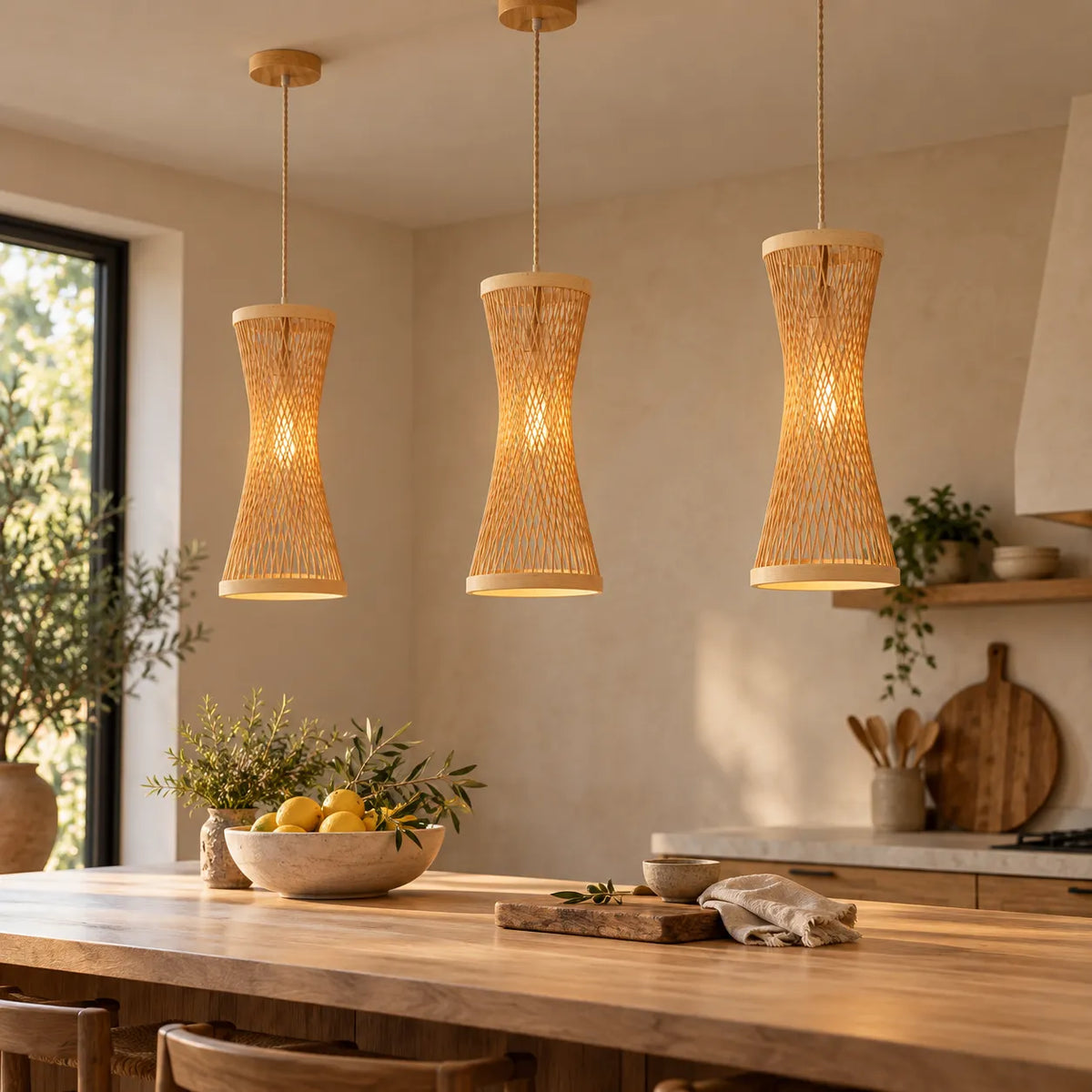 Luminária Pendente Bambu Natural Ampulheta 42 cm Taquara