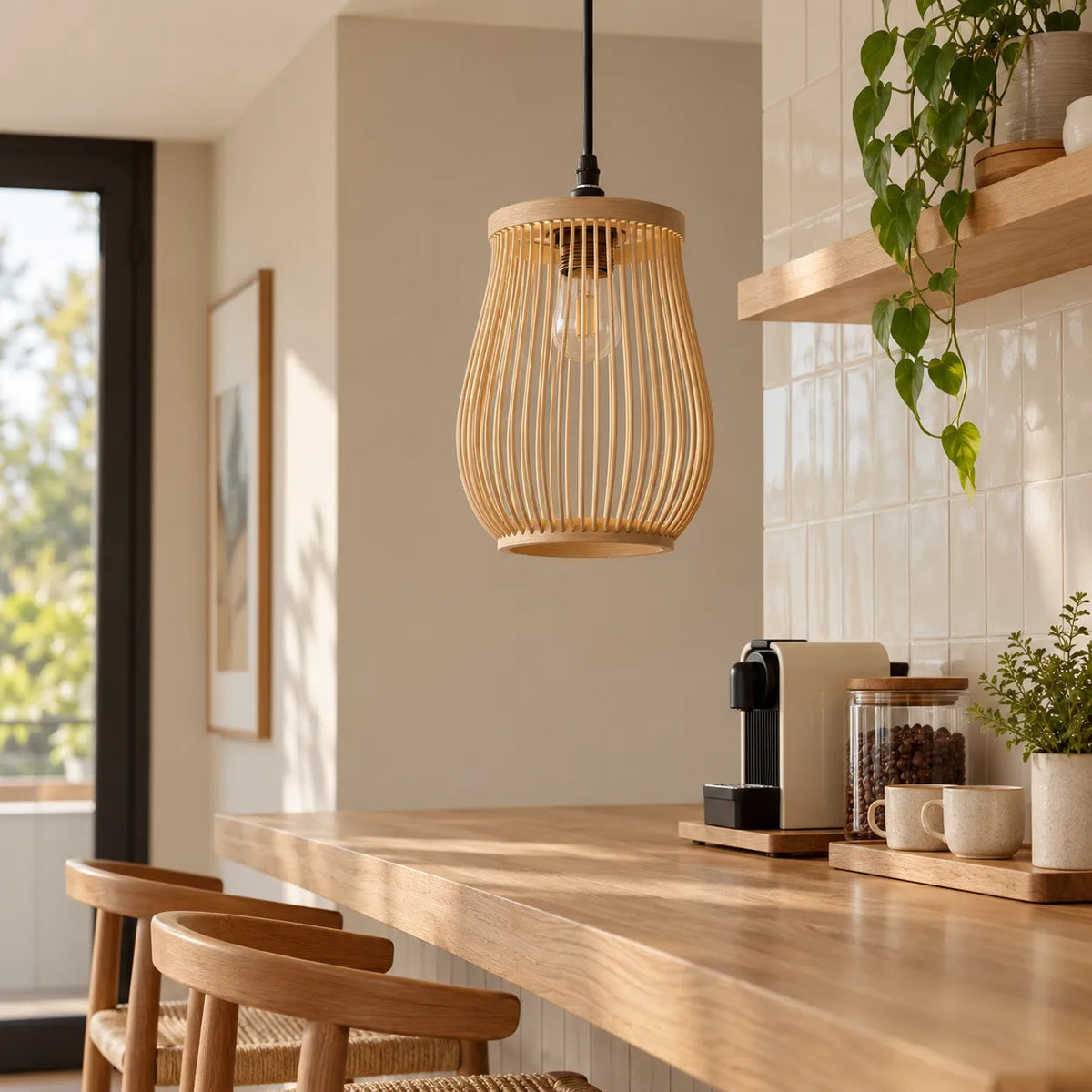 Luminária Pendente Bambu Natural Pequeno 18 ou 20 cm Anji