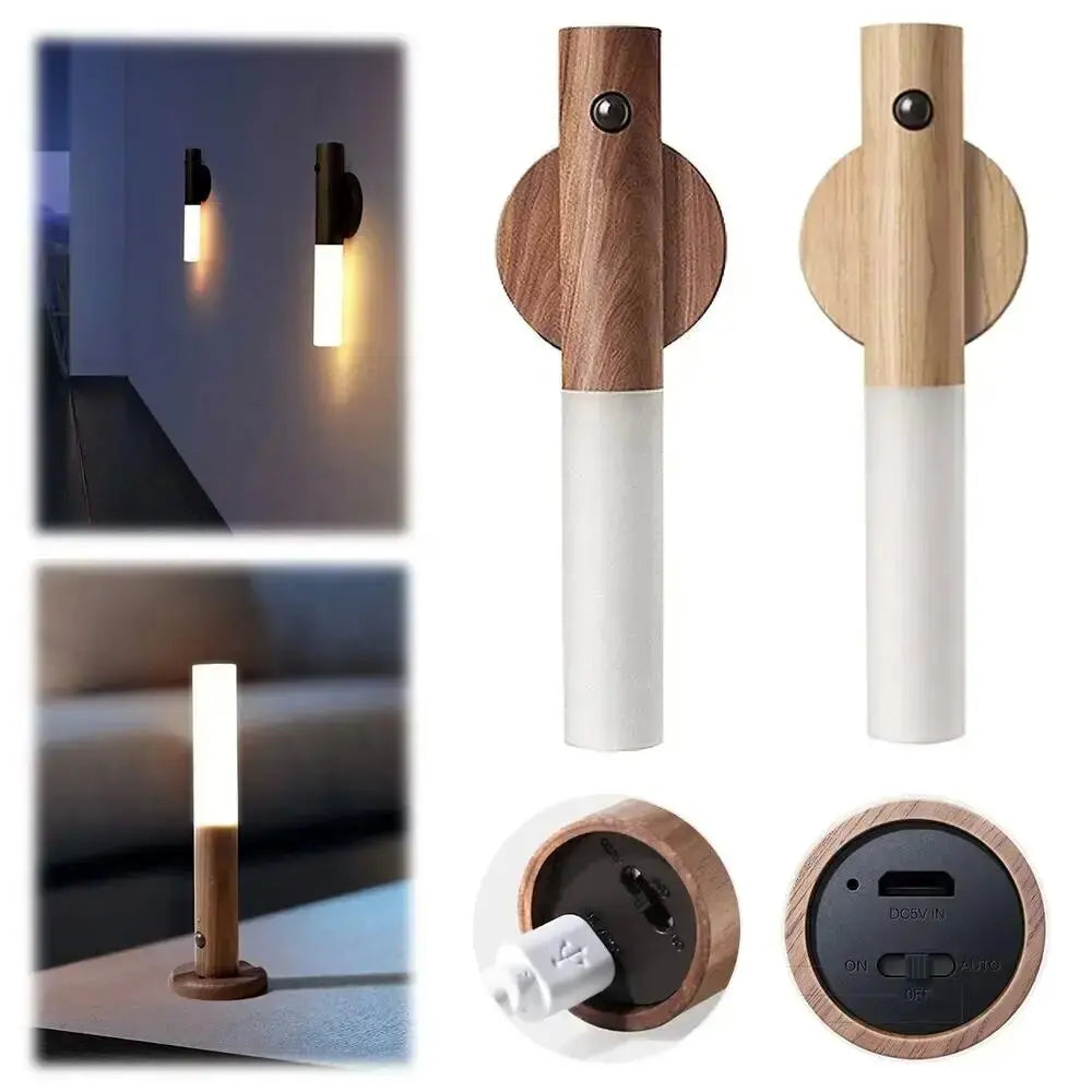 Luminária de Parede com Sensor e Base Magnética – Madeira e LED Inteligente