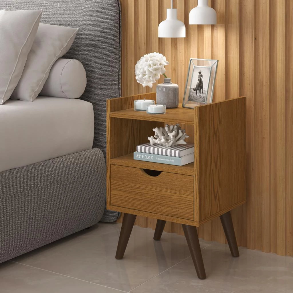 Mesa de Cabeceira Retrô com 1 Gaveta Usinada e Nicho