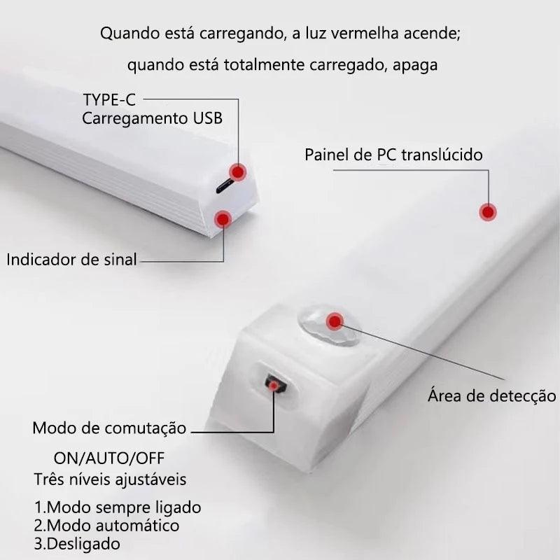 Luminária LED Barra com Sensor de Movimento Recarregável e Fácil Instalação