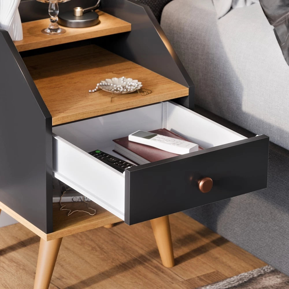 Mesa de Cabeceira com Gaveta Retrô, Nicho e Prateleira