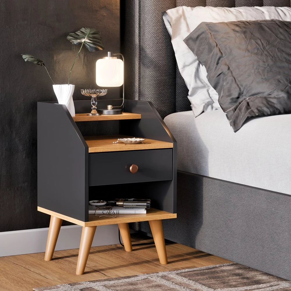 Mesa de Cabeceira com Gaveta Retrô, Nicho e Prateleira