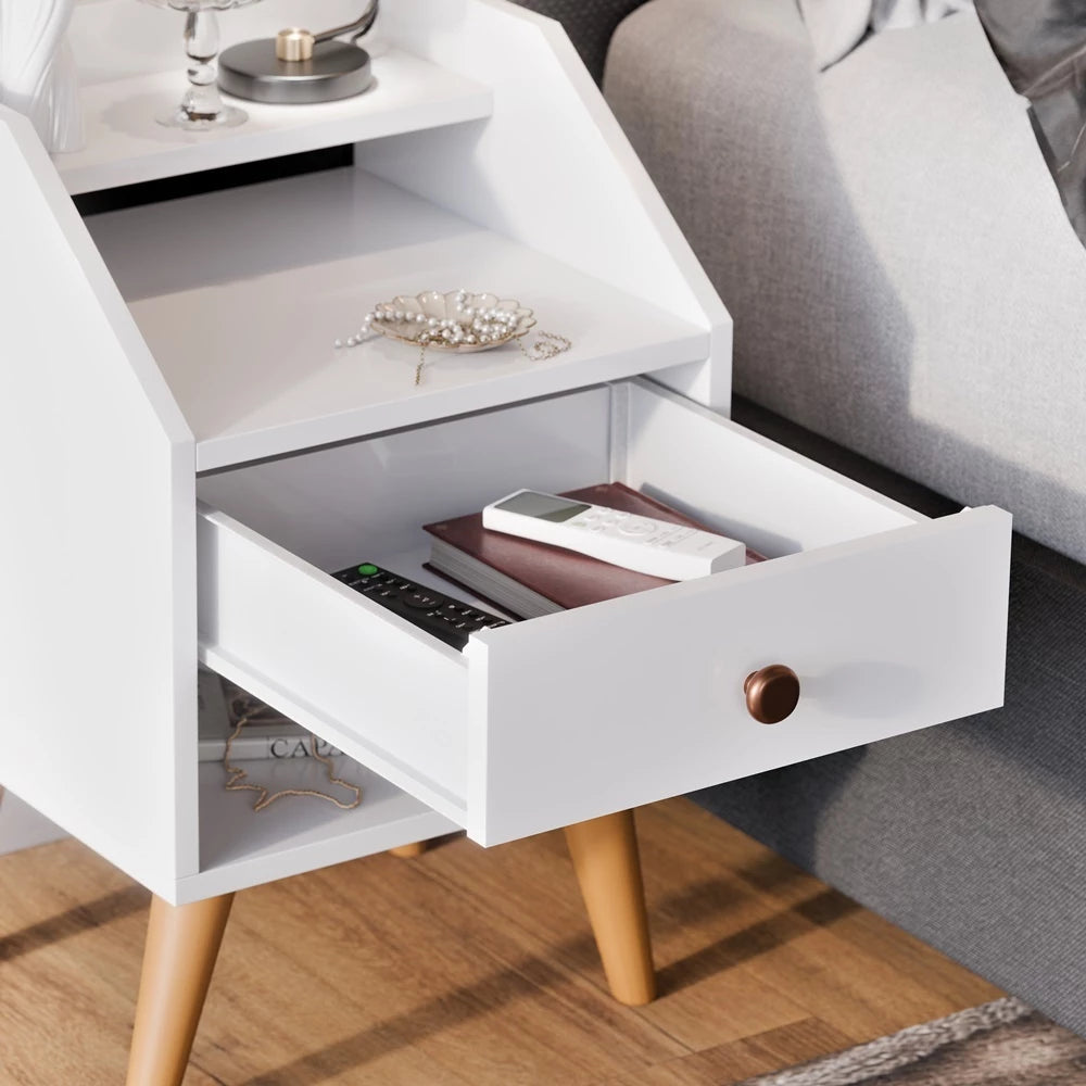 Mesa de Cabeceira com Gaveta Retrô, Nicho e Prateleira