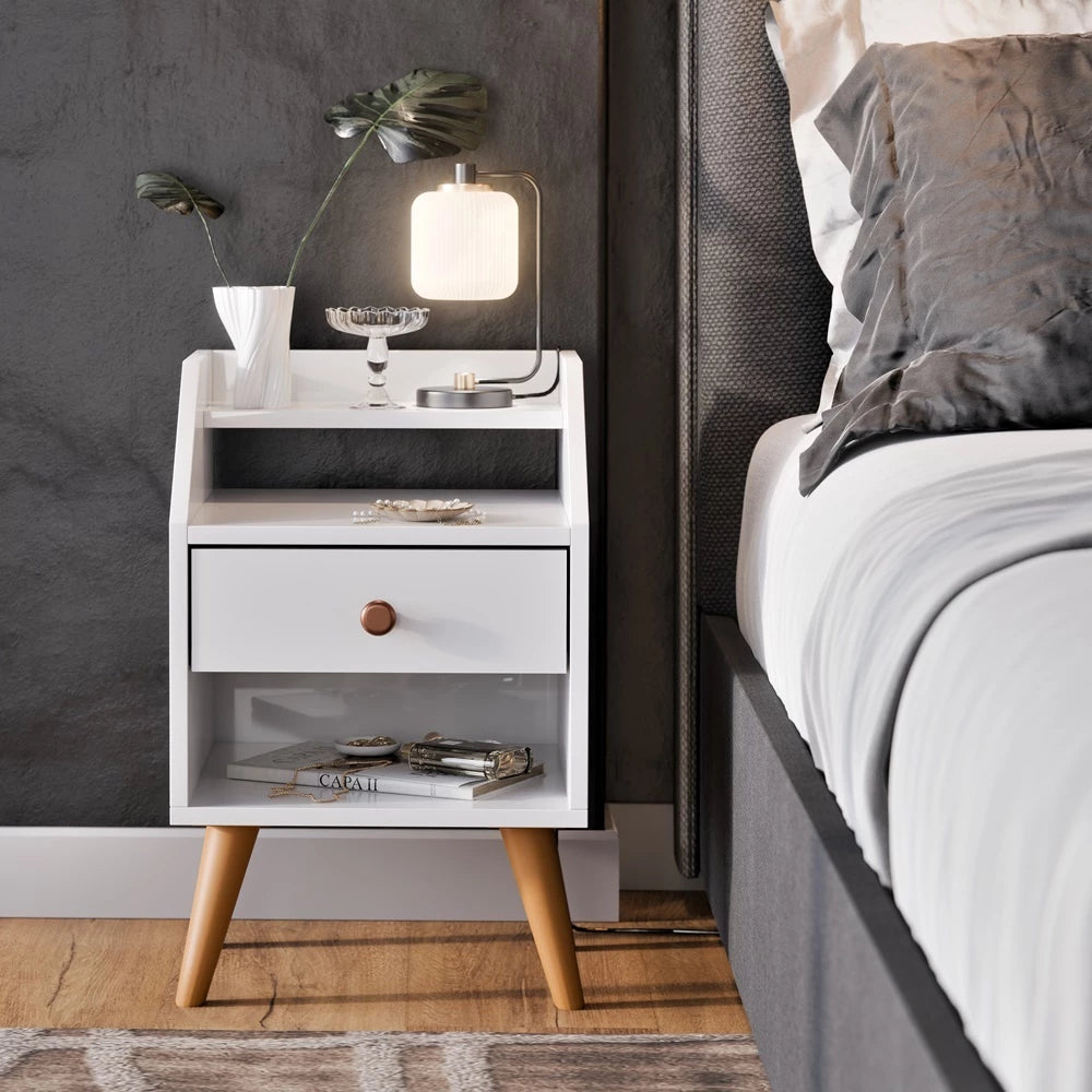 Mesa de Cabeceira com Gaveta Retrô, Nicho e Prateleira