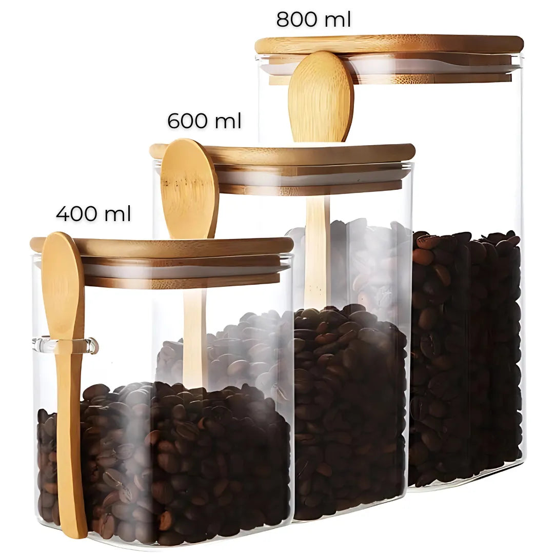 Kit 3 Potes de Vidro Herméticos com Tampa e Colher de Bambu | Organização prática