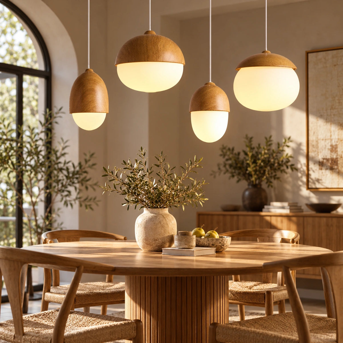 Luminária Pendente Bolota Vidro e Efeito Madeira Grão
