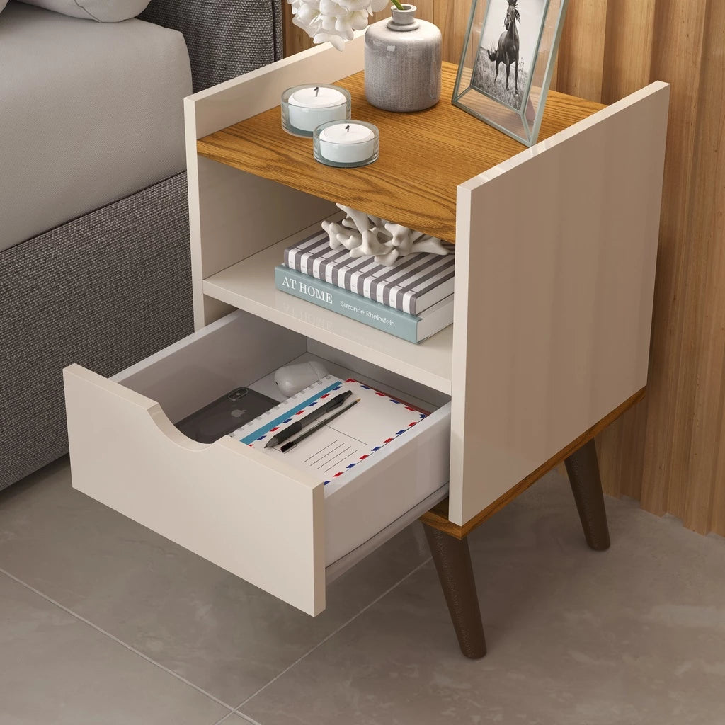 Mesa de Cabeceira Retrô com 1 Gaveta Usinada e Nicho