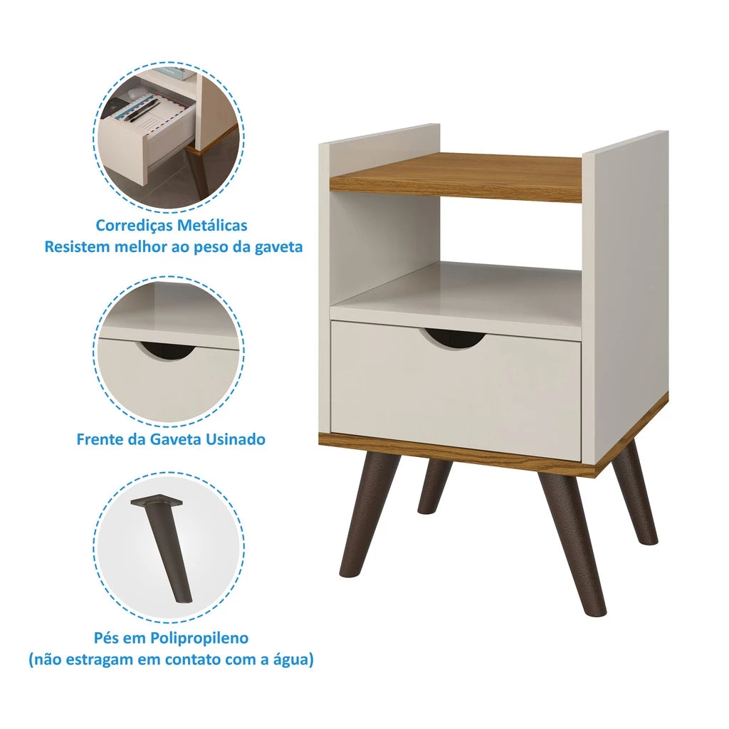 Mesa de Cabeceira Retrô com 1 Gaveta Usinada e Nicho