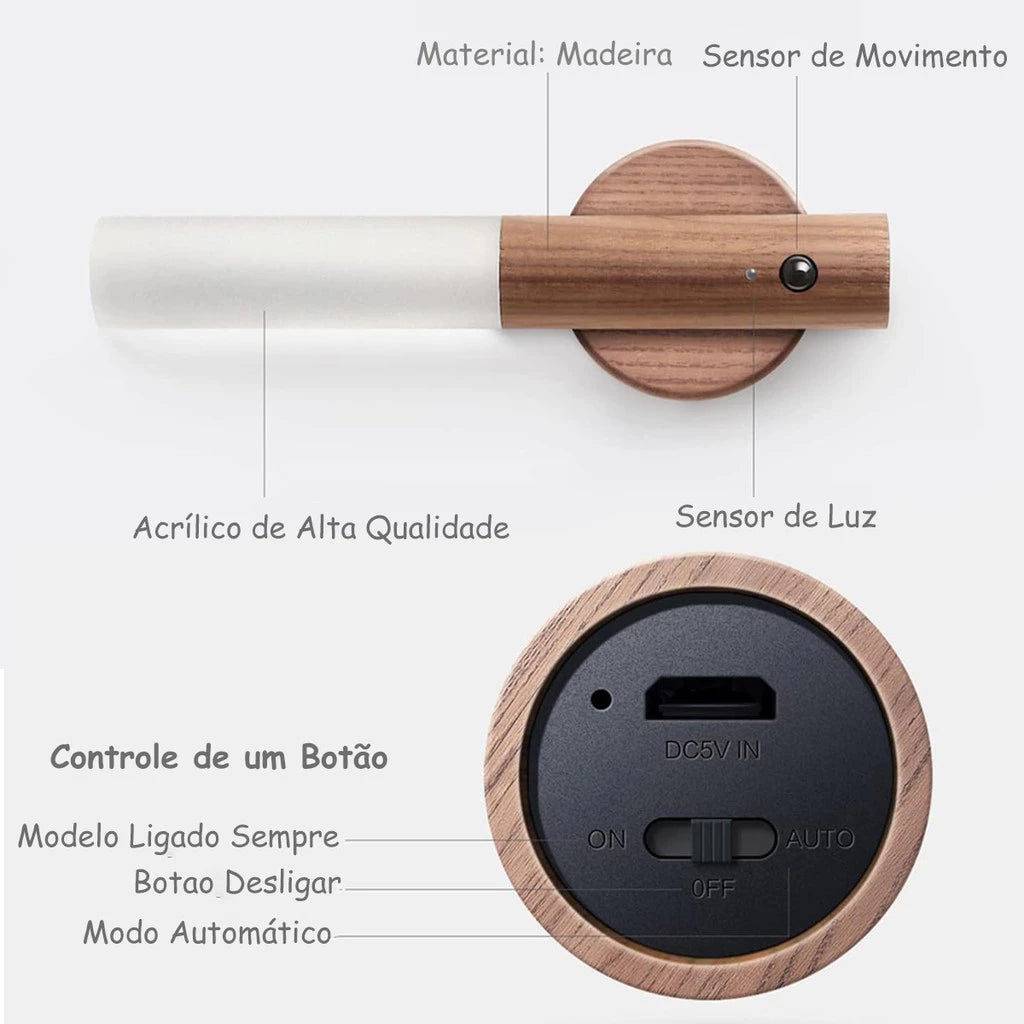 Luminária de Parede com Sensor e Base Magnética – Madeira e LED Inteligente