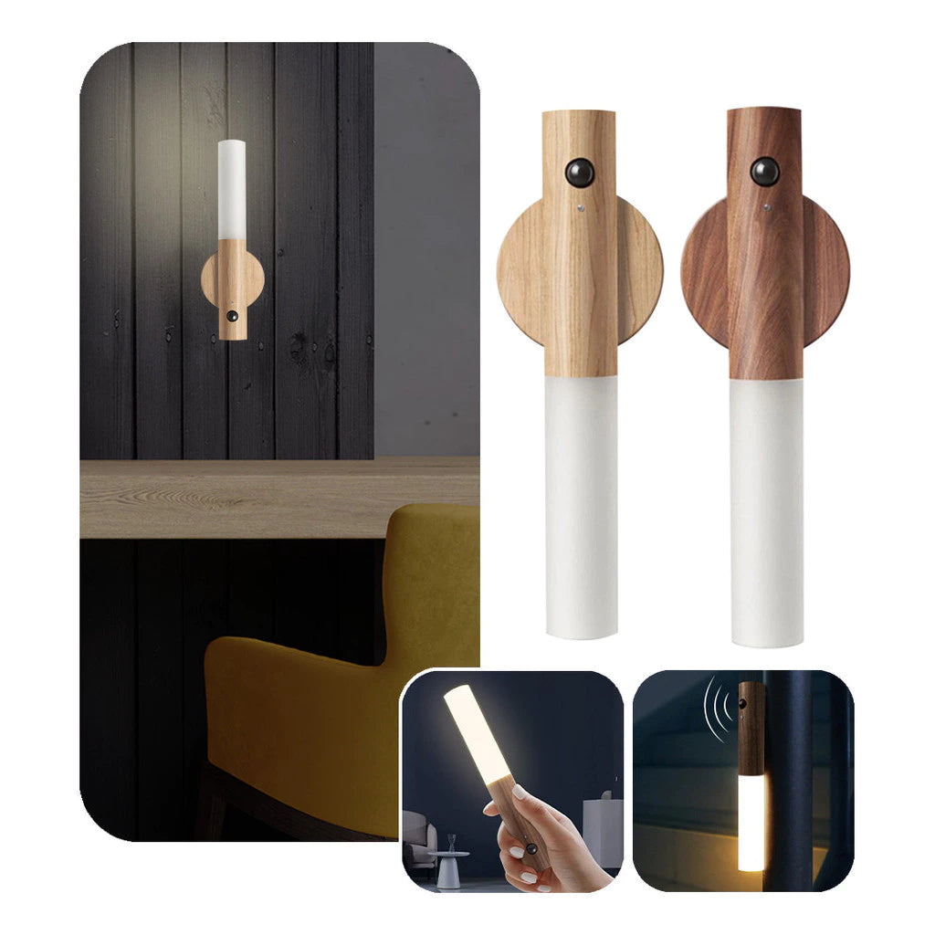Luminária de Parede com Sensor e Base Magnética – Madeira e LED Inteligente