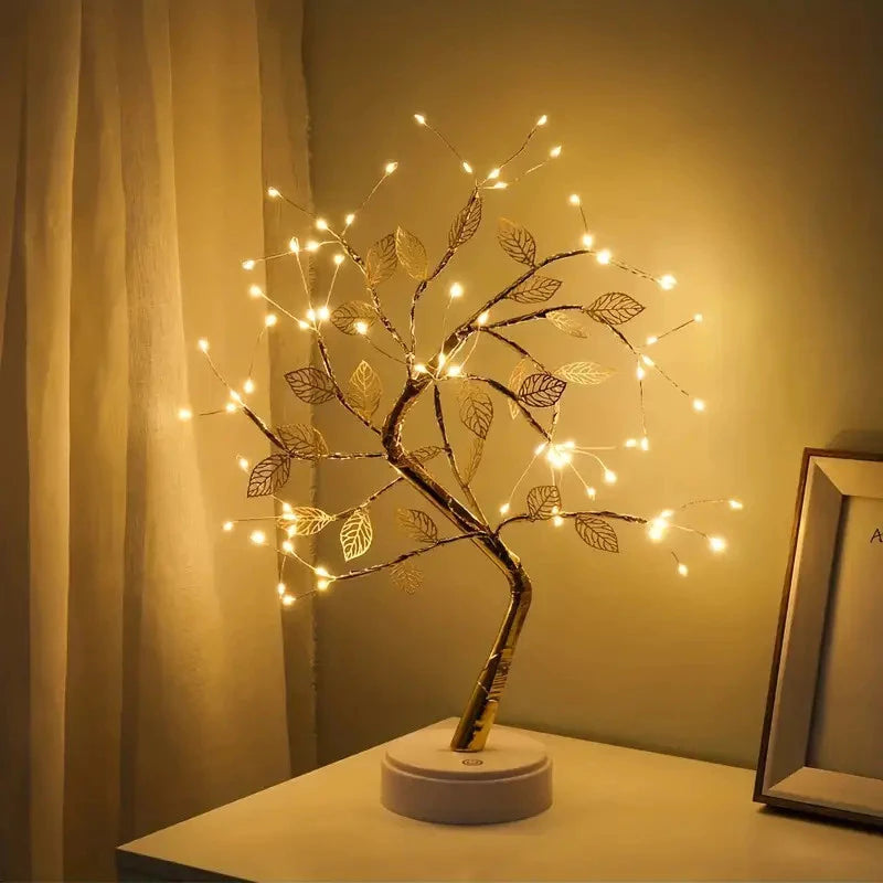 Luminaria Árvore Bonsai Folhas Douradas com 72 LEDs Decoração com Encanto