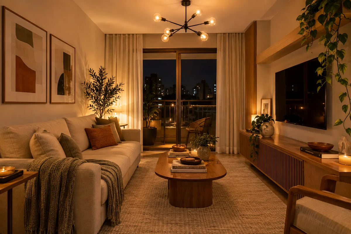 sala de estar pequena de apartamento à noite, lustre moderno de hastes com lâmpadas de luz quente no teto, sofá claro e mesa de centro de madeira