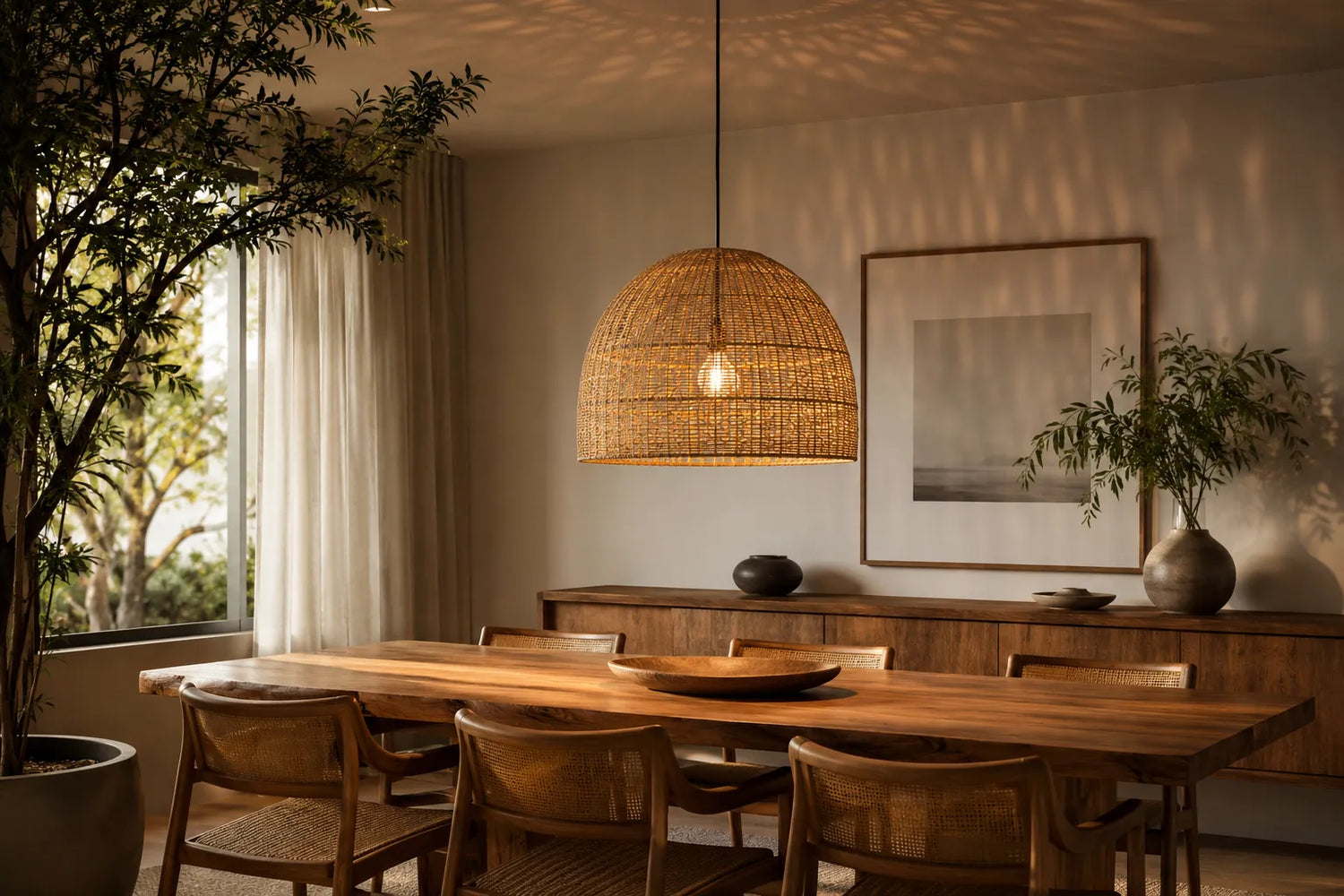 luminária pendente de rattan sobre mesa de jantar de madeira