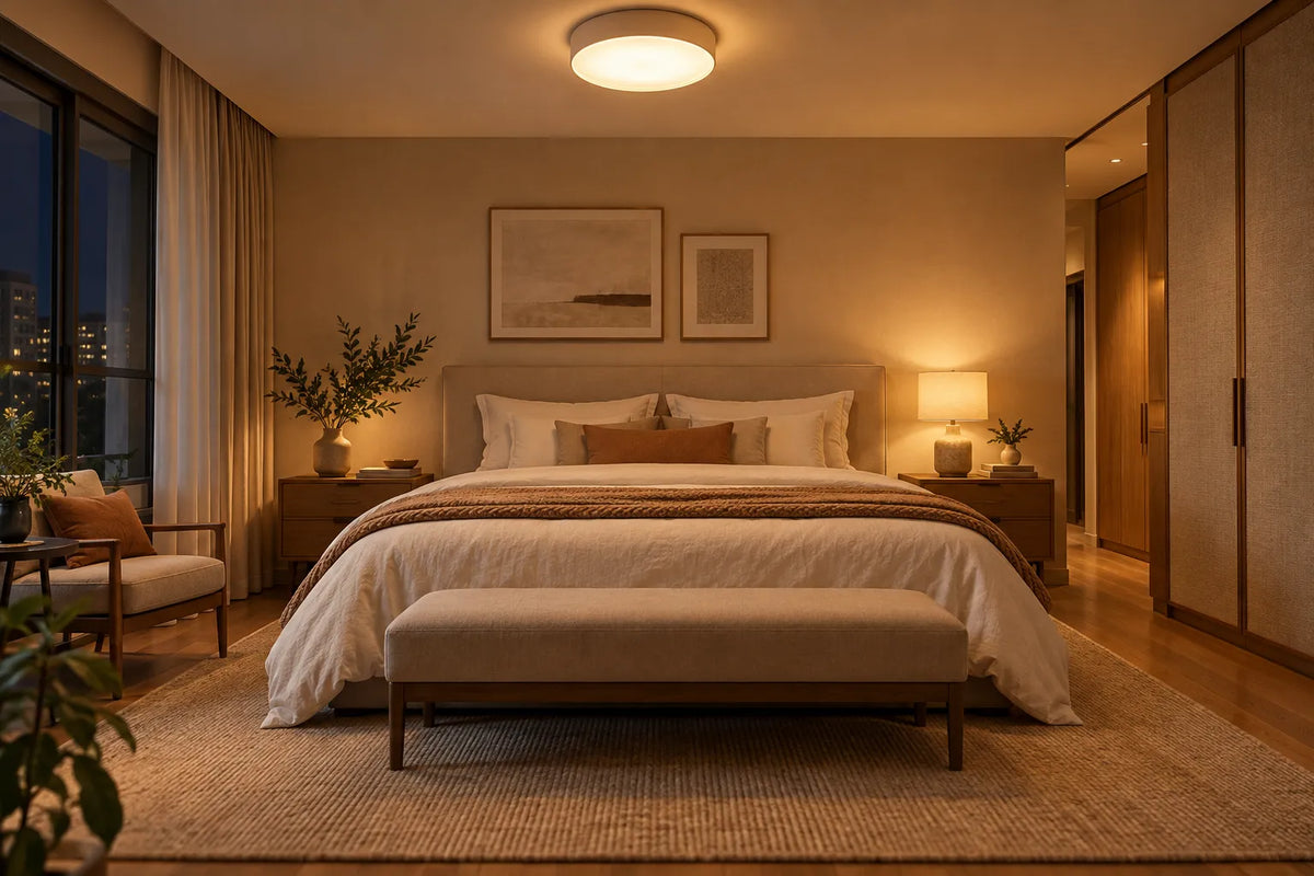 quarto de casal à noite, plafon redondo de luz quente no teto e abajur aceso no criado-mudo, cama com roupa de cama clara