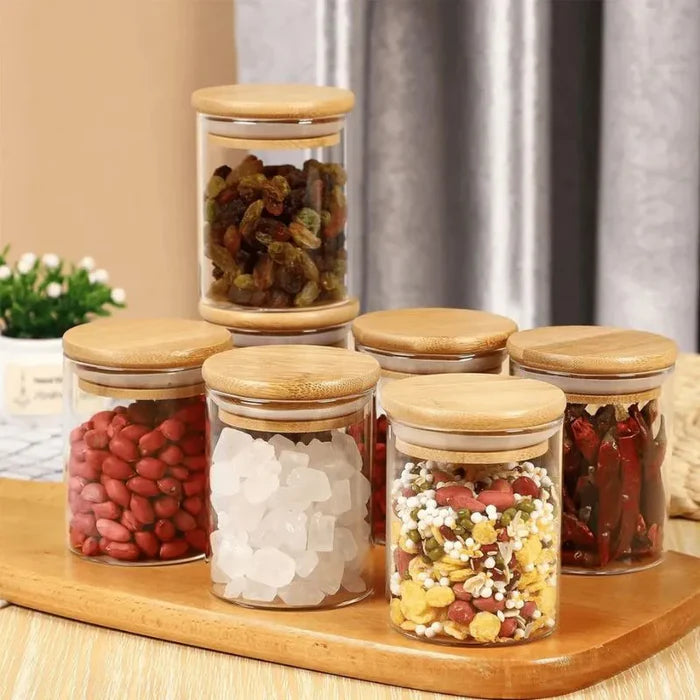 Kit com 6 Potes Herméticos de Vidro e Bambu — frescor duradouro com vedação total