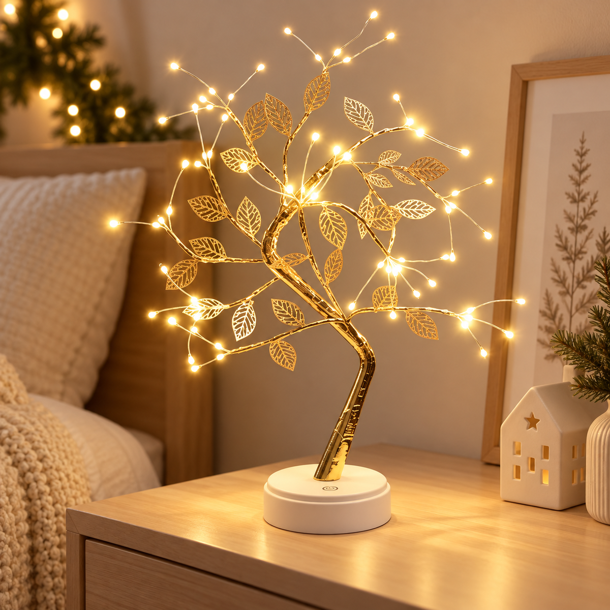 Luminária Árvore de LED Bonsai 45 cm Folhas Douradas 72 LEDs Ipê