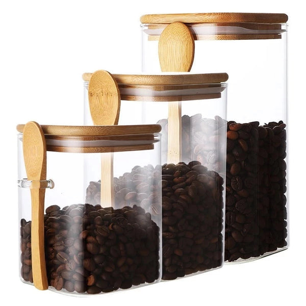 Kit 3 Potes de Vidro Herméticos com Tampa e Colher de Bambu | Organização prática