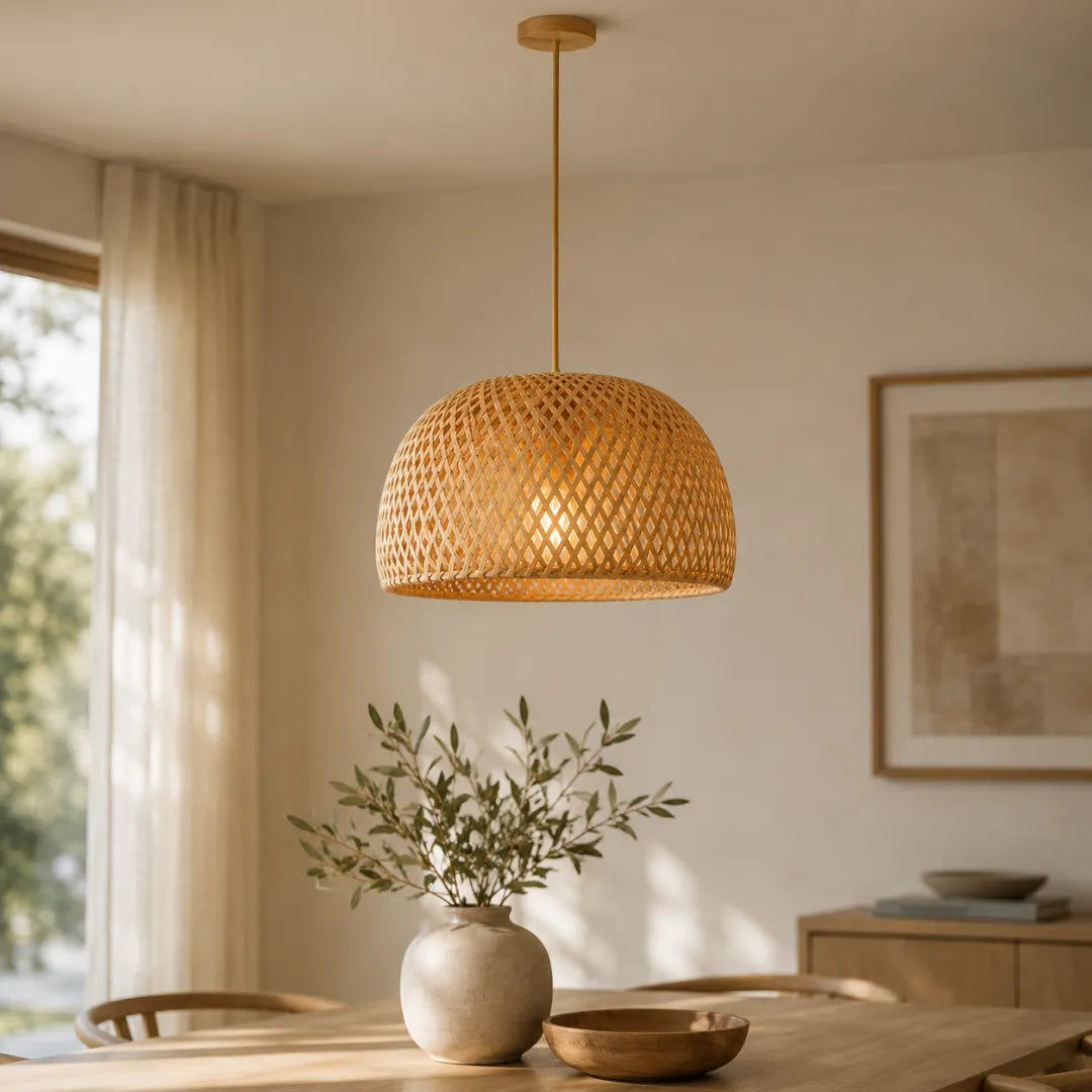 Luminária Pendente Bambu Rattan Artesanal E27 Bivolt — 2 Bases | Zelar
