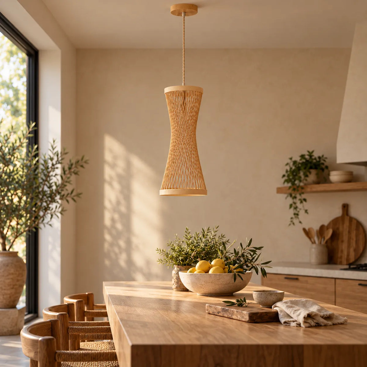 Luminária Pendente Bambu Natural Ampulheta 42 cm Taquara