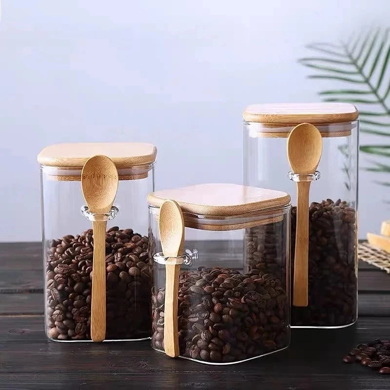 Kit 3 Potes de Vidro Herméticos com Tampa e Colher de Bambu | Organização prática
