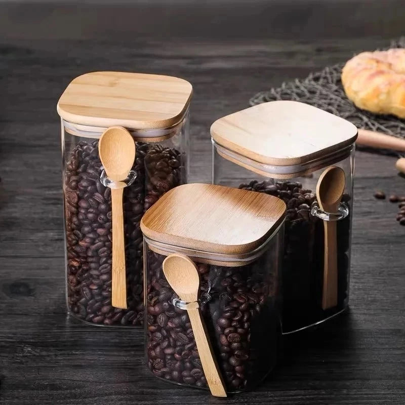Kit 3 Potes de Vidro Herméticos com Tampa e Colher de Bambu | Organização prática