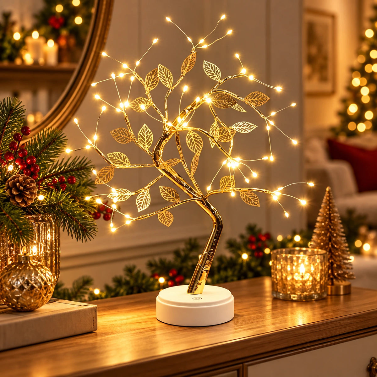 Luminária Árvore de LED Bonsai 45 cm Folhas Douradas 72 LEDs Ipê