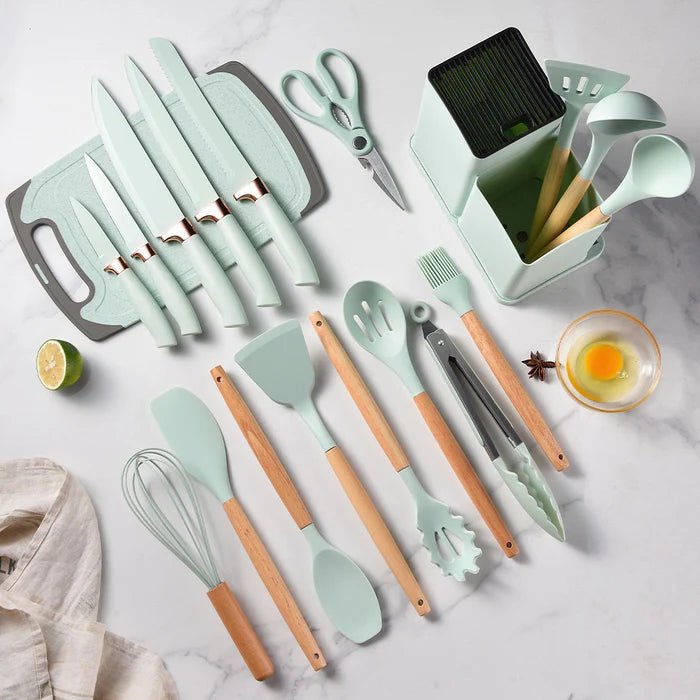 Kit Utensílios de Cozinha em Silicone Premium – 19 Peças com Suporte