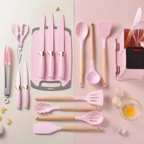 Kit Utensílios de Cozinha em Silicone Premium – 19 Peças com Suporte