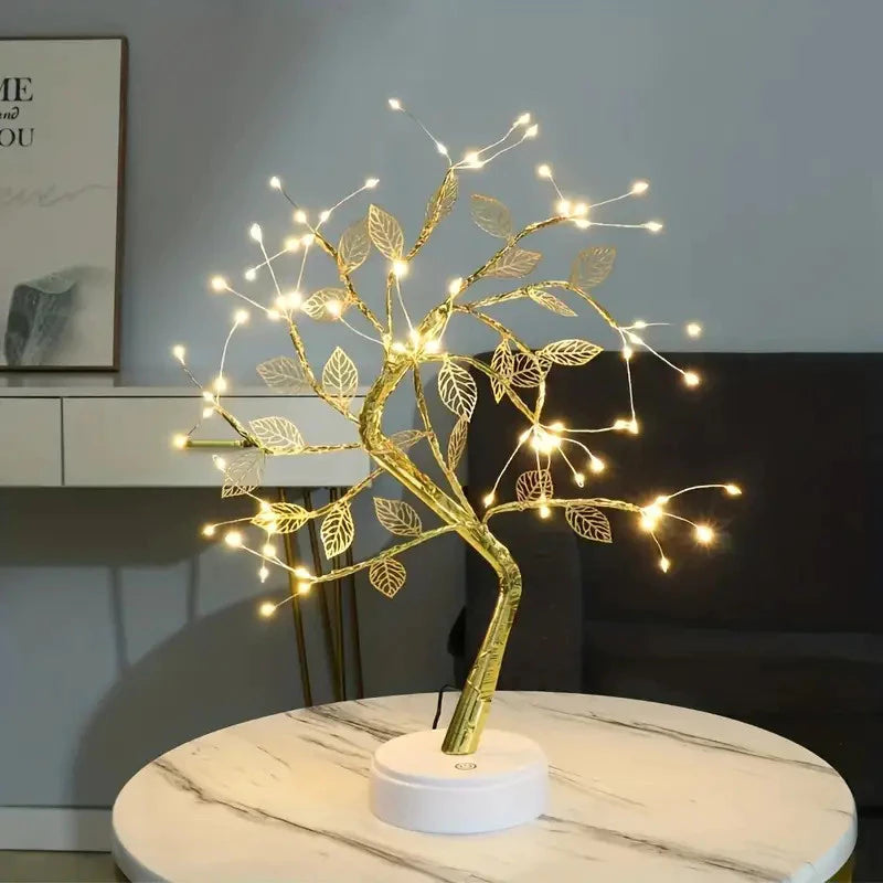 Luminaria Árvore Bonsai Folhas Douradas com 72 LEDs Decoração com Encanto