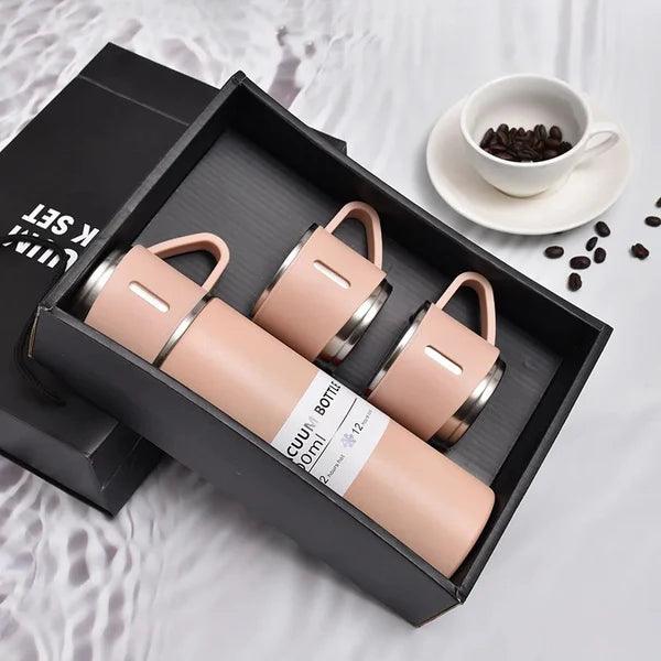 Garrafa Térmica de Inox 500ml com 3 Canecas | Isolamento Térmico Quente e Frio
